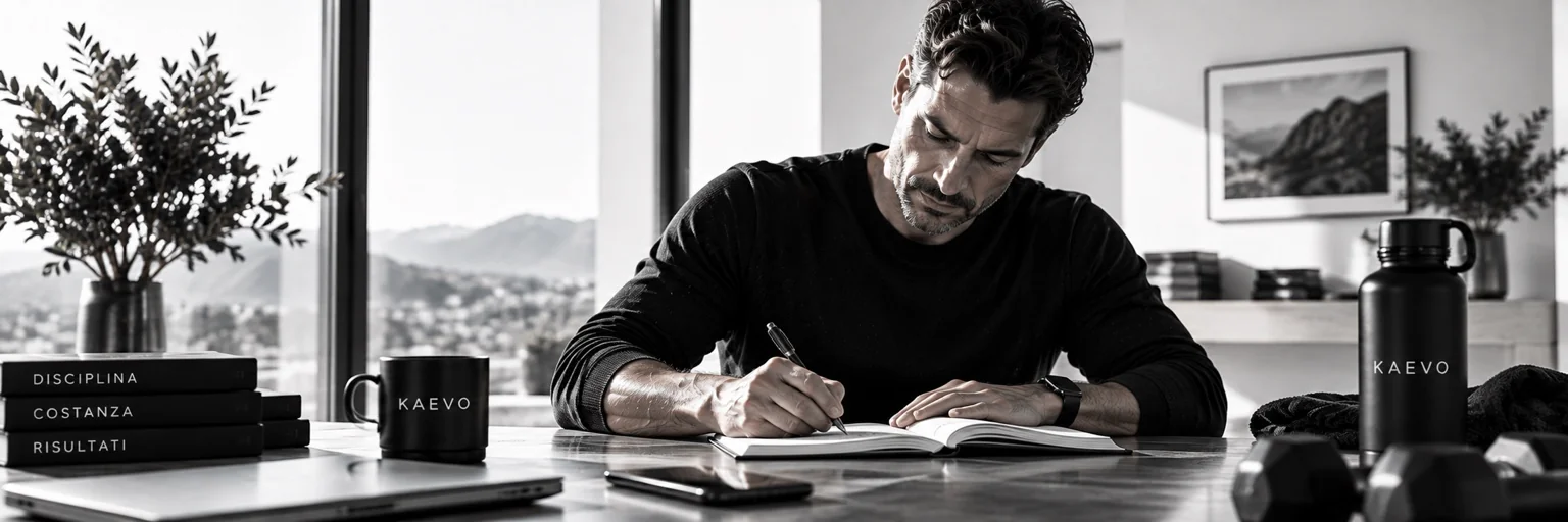 Un uomo torna a scrivere sul suo quaderno.