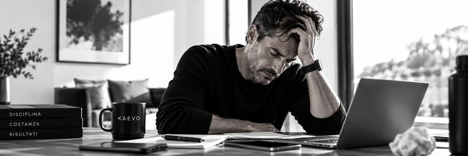 Un uomo si ferma durante una giornata impegnativa al computer.