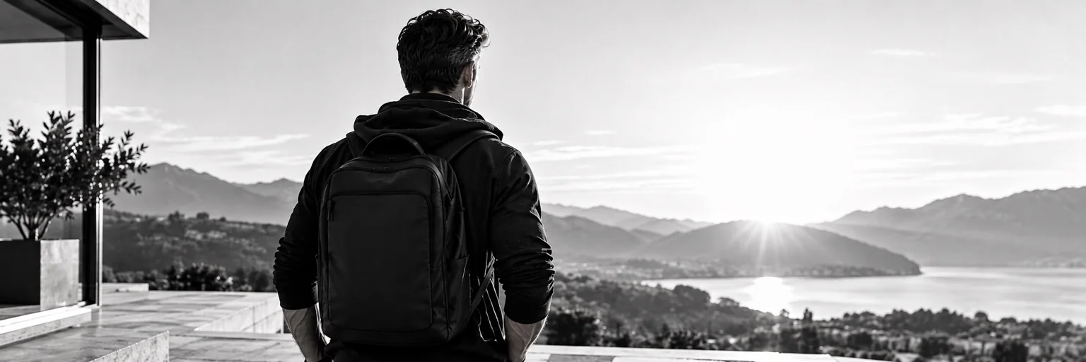 Un uomo con lo zaino guarda il paesaggio.
