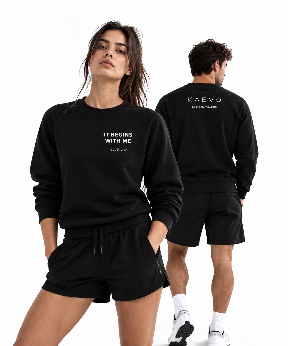 Felpa girocollo KAEVO nera, mockup fronte e retro