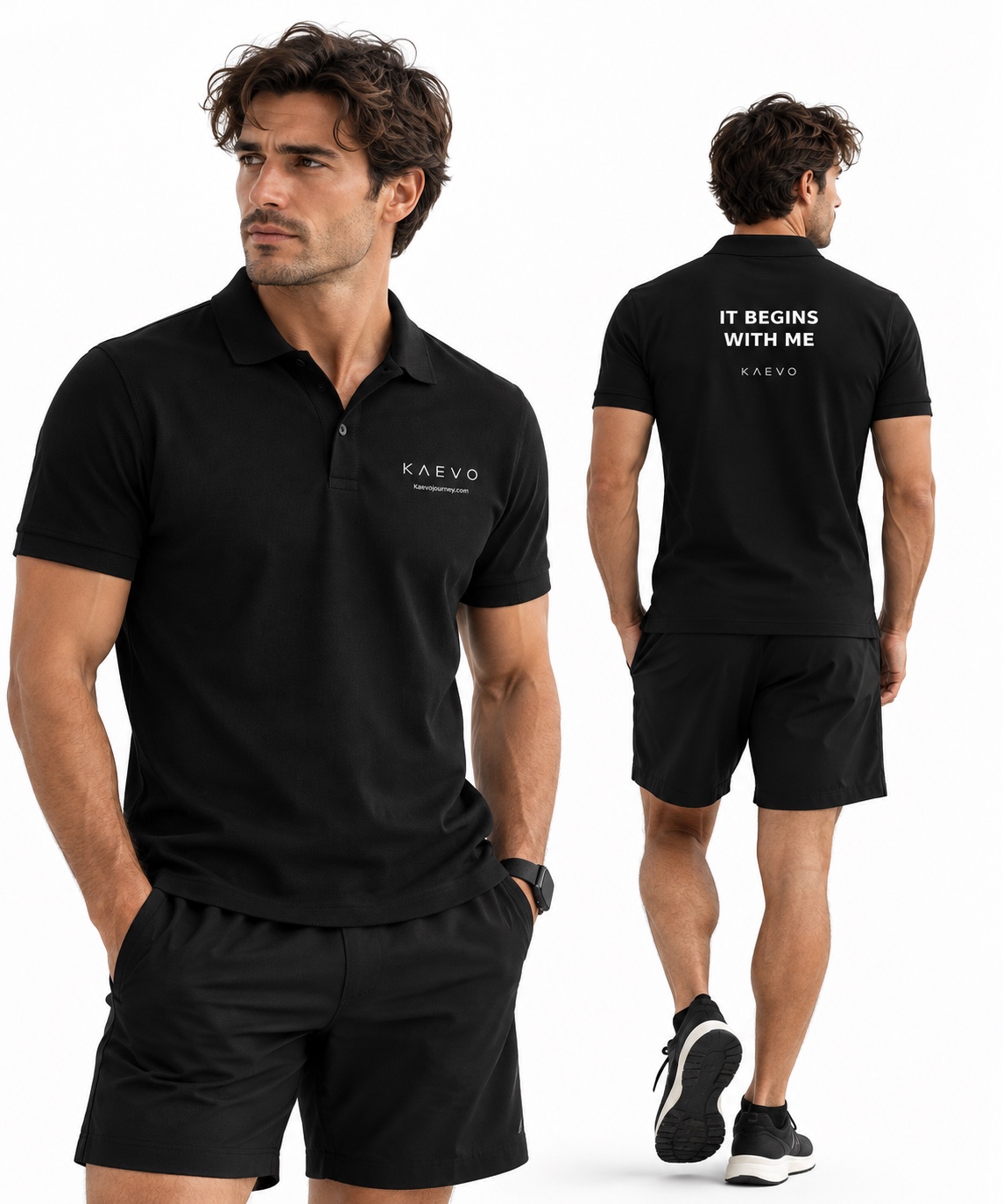 Polo KAEVO nera, mockup fronte e retro