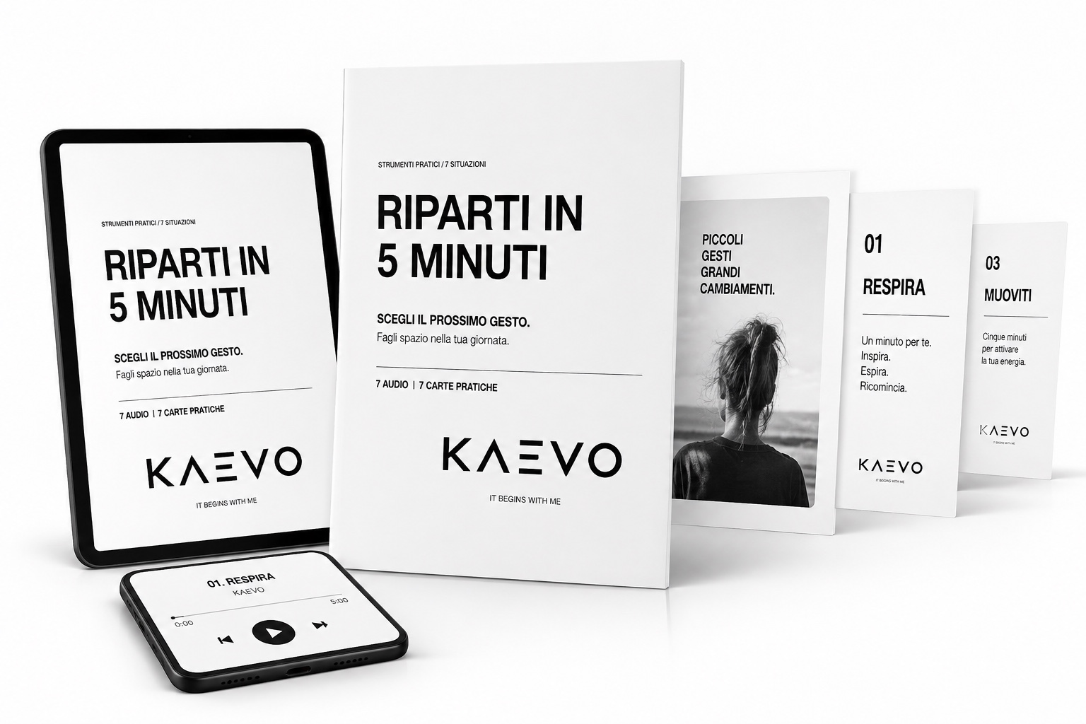 Mockup del pacchetto digitale KAEVO Riparti in 5 minuti con tablet, audio su smartphone e carte pratiche
